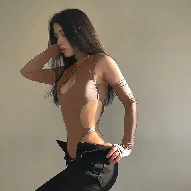 Brown Solid Cut Out Detail Bodysuit