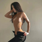 Brown Solid Cut Out Detail Bodysuit