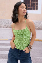 Green Ethnic Print Tieup Detail Top
