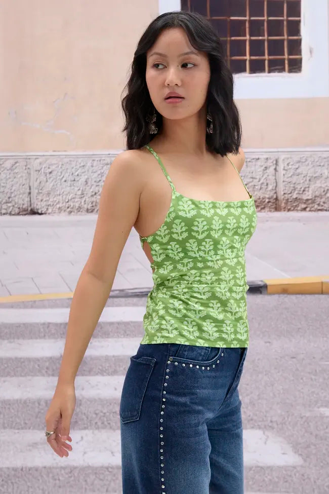 Green Ethnic Print Tieup Detail Top