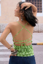 Green Ethnic Print Tieup Detail Top