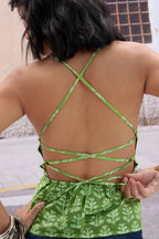 Green Ethnic Print Tieup Detail Top