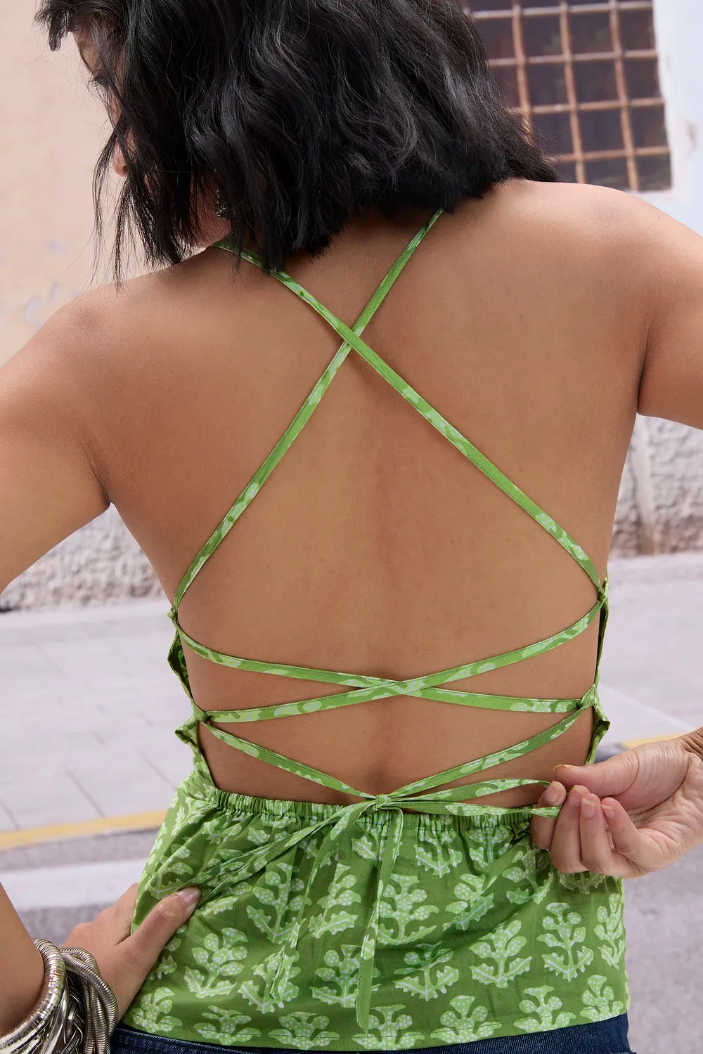 Green Ethnic Print Tieup Detail Top