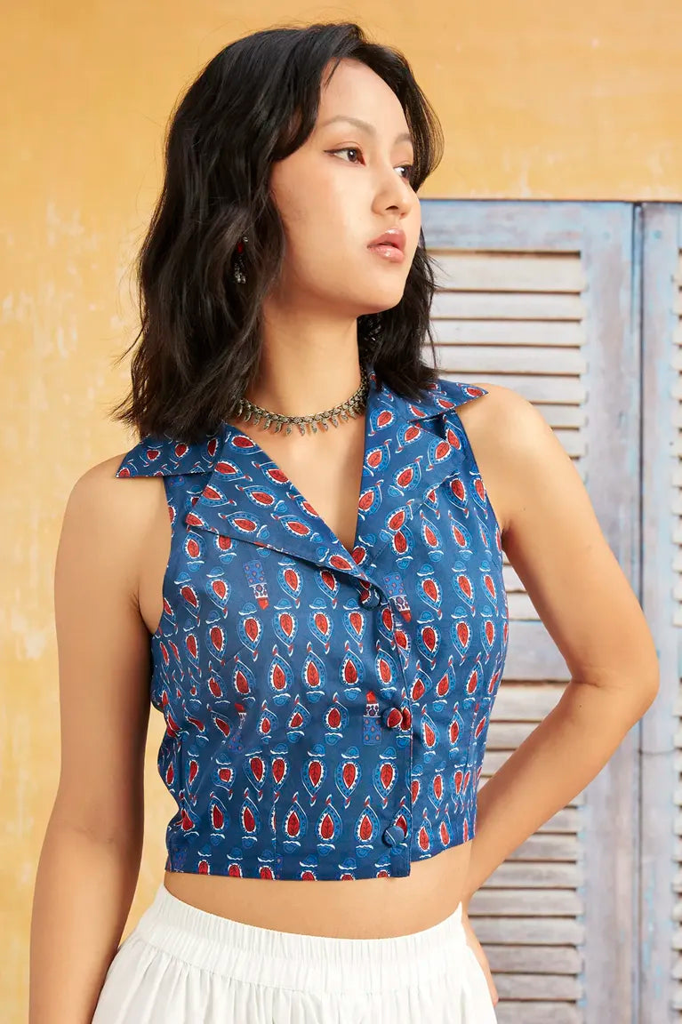 Blue Ethnic Print Waistcoat Top