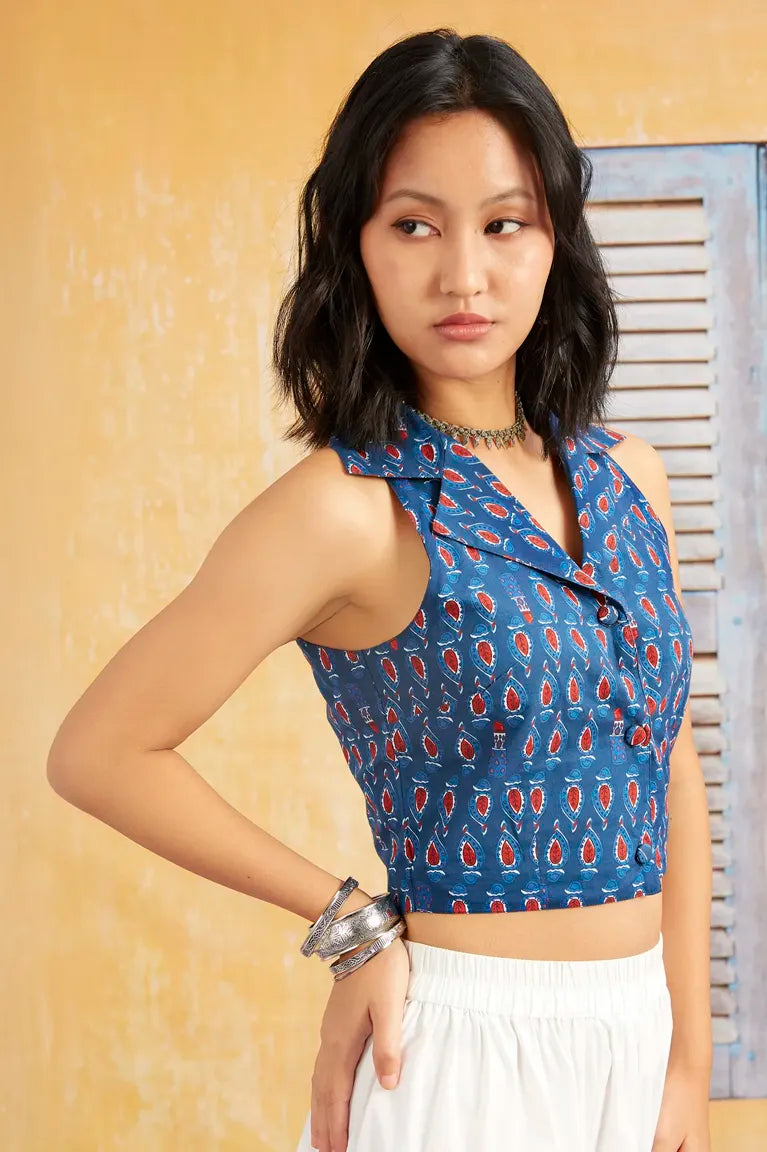 Blue Ethnic Print Waistcoat Top