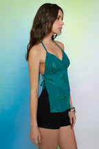 Teal Sequin Embellished Halter Top
