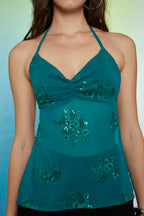 Teal Sequin Embellished Halter Top