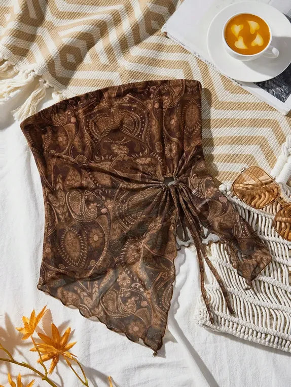Brown Paisley Print Tube Crop Top