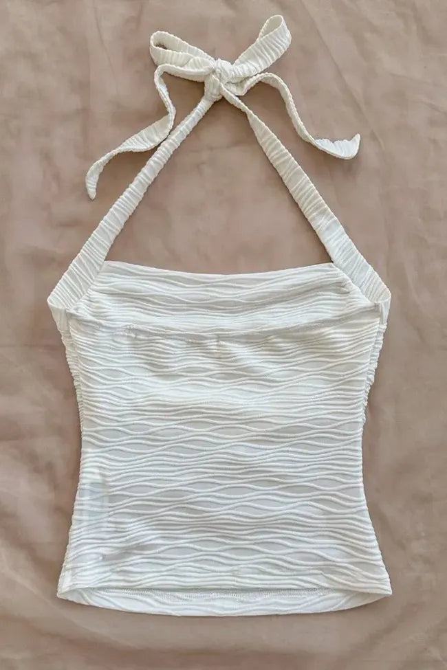 White Textured Halter Neck Top