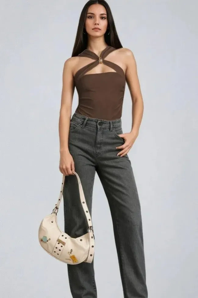 Brown Solid Cut Out Bodysuit