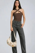 Brown Solid Cut Out Bodysuit