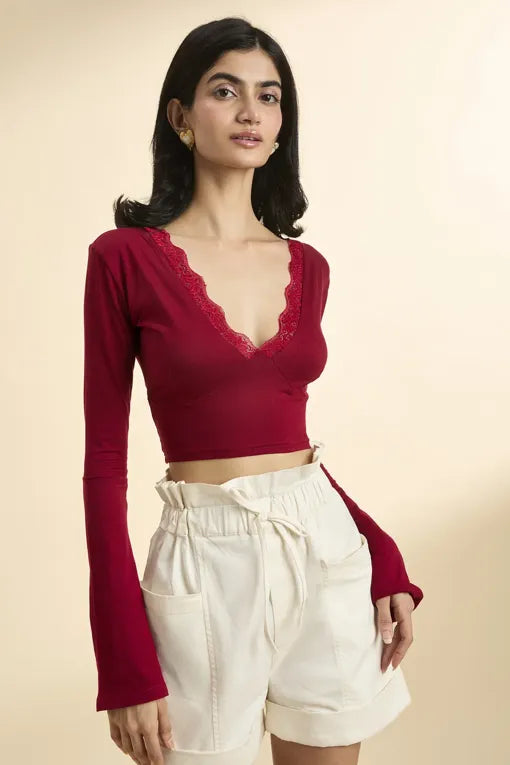 Maroon Lace Detail Crop Top