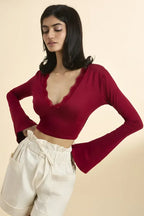Maroon Lace Detail Crop Top