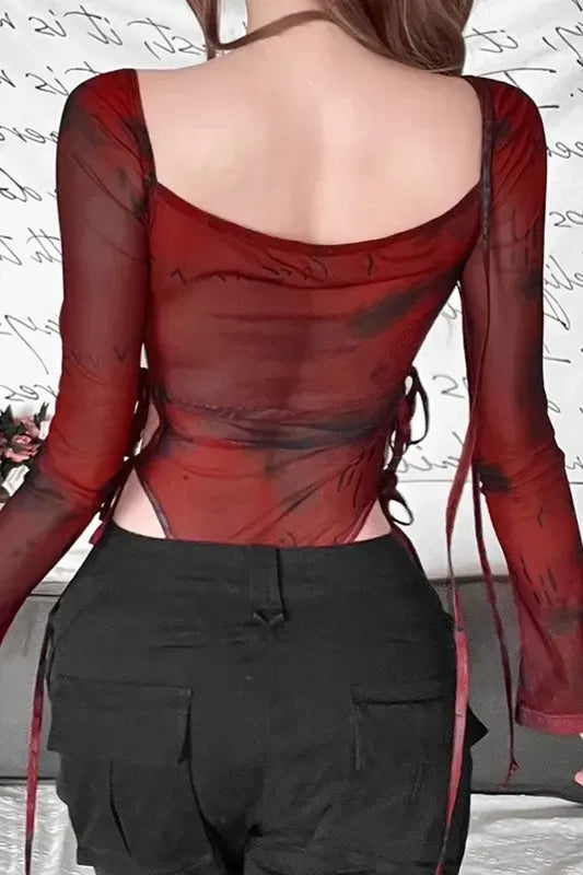 Red Abstract Cut Out Bodysuit