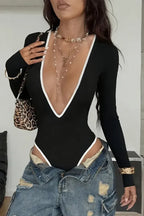 Black Solid Plunge Neck Bodysuit