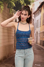 Dark Blue Ethnic Print Square Neck Top