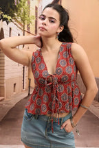 Red Ethnic Print V-Neck Tie-Up Top