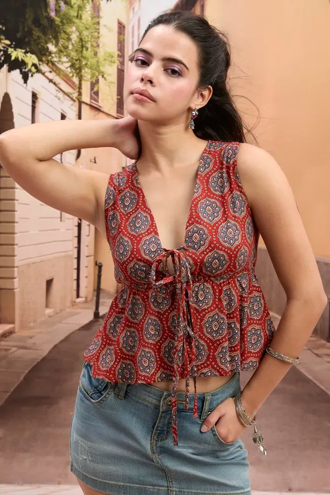Red Ethnic Print V-Neck Tie-Up Top