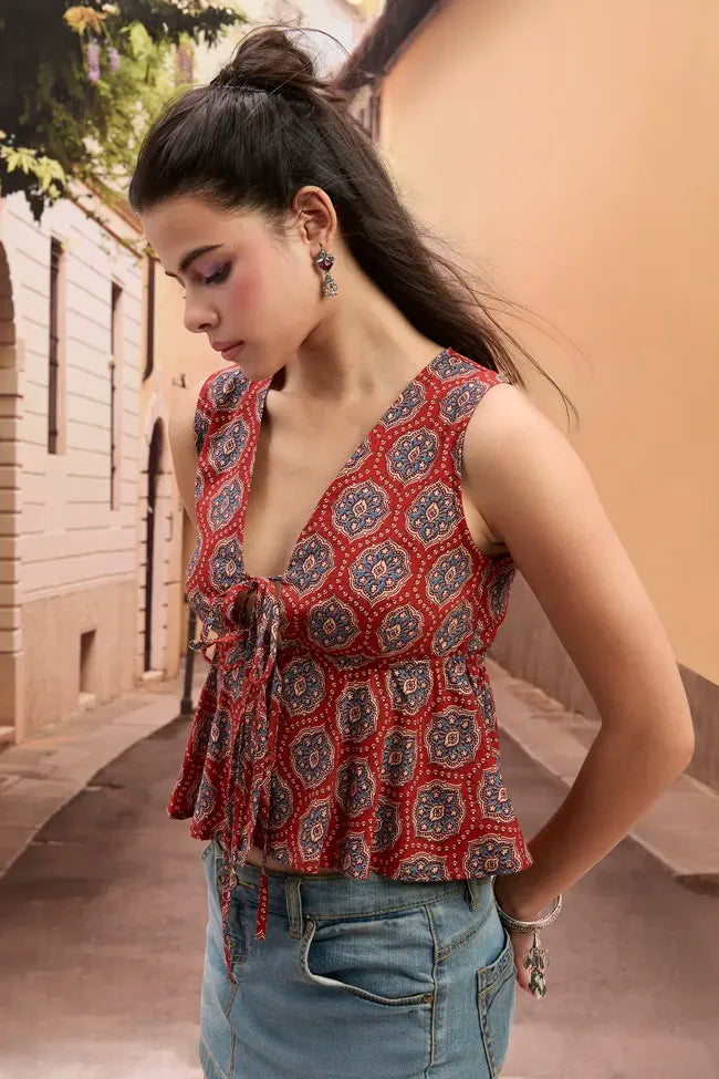 Red Ethnic Print V-Neck Tie-Up Top