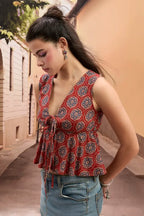 Red Ethnic Print V-Neck Tie-Up Top