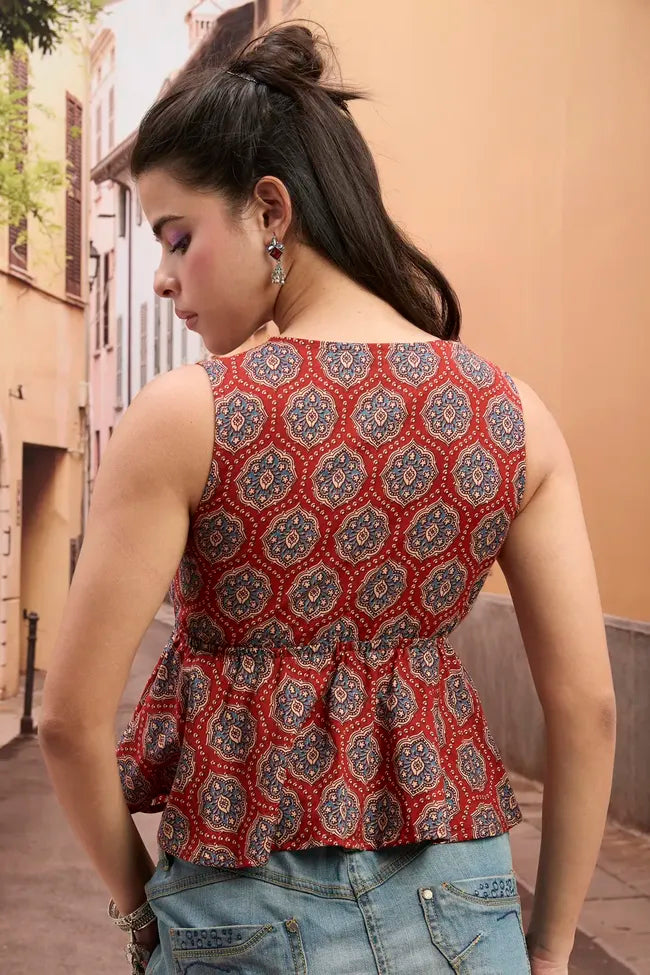Red Ethnic Print V-Neck Tie-Up Top