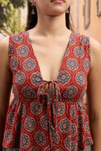 Red Ethnic Print V-Neck Tie-Up Top
