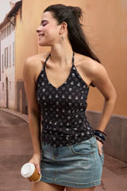 Black Ethnic Print Halter Tie-Up Top