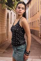 Black Ethnic Print Halter Tie-Up Top