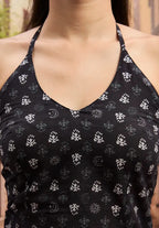 Black Ethnic Print Halter Tie-Up Top