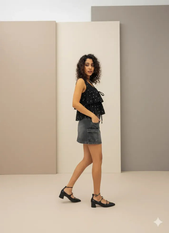 Black Round Neck Peplum Top