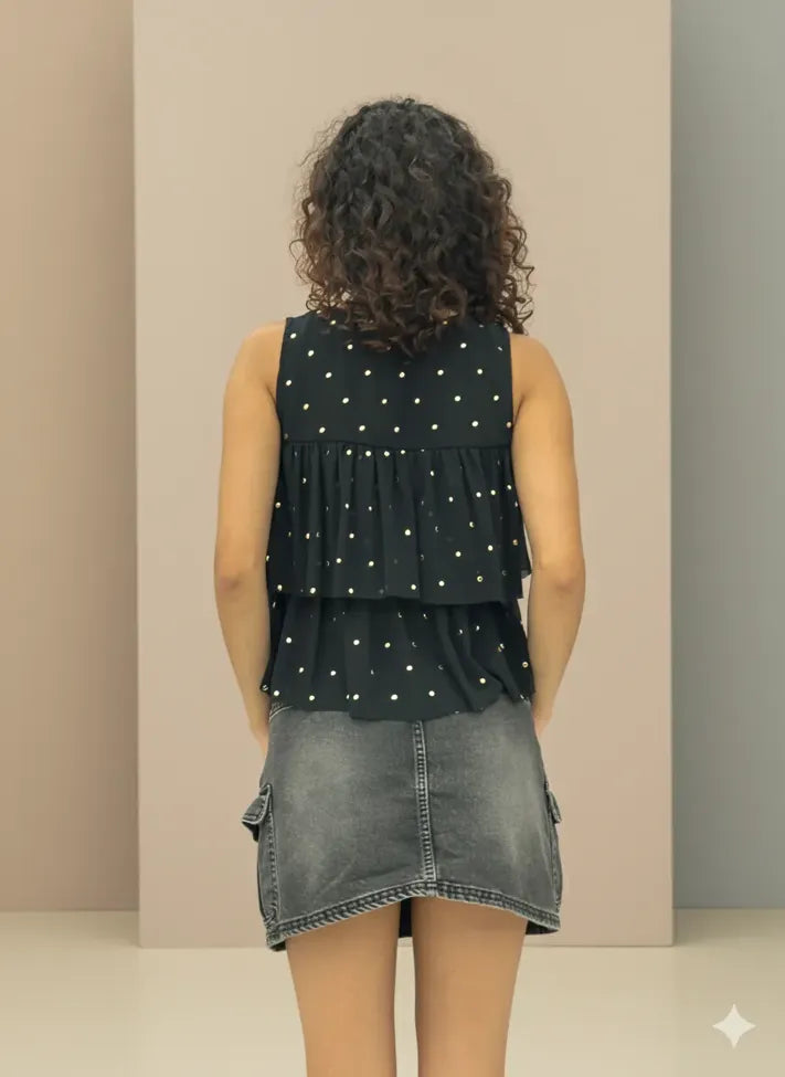 Black Round Neck Peplum Top