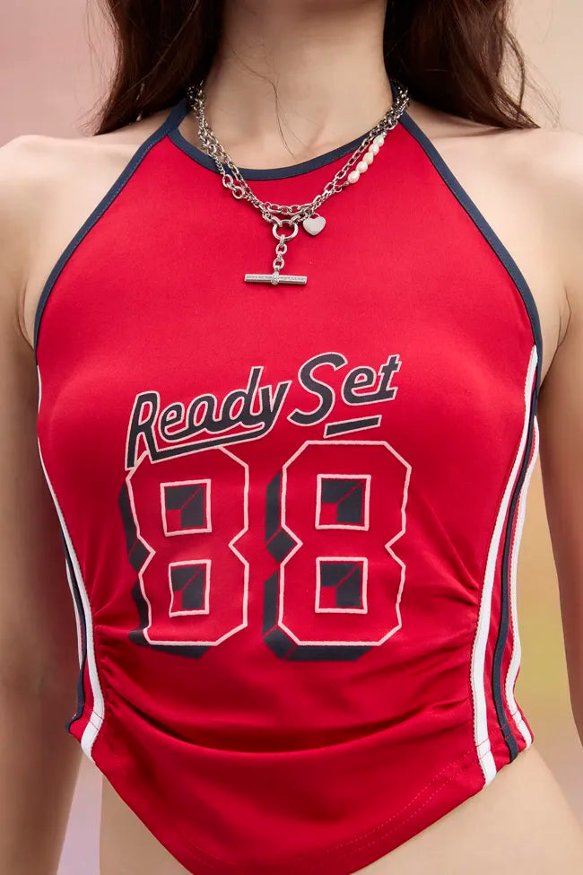 Red Graphic Halter Neck Top