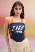 Navy Blue Graphic Halter Neck Top