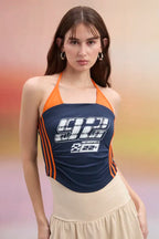Navy Blue Graphic Halter Neck Top