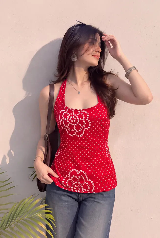 Red Bandhani Halter Neck Top