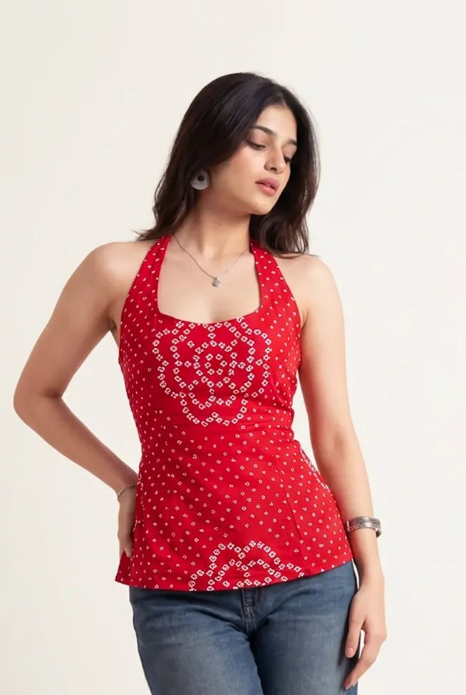 Red Bandhani Halter Neck Top