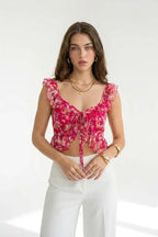 Pink Floral Sweetheart Tie-Up Crop Top