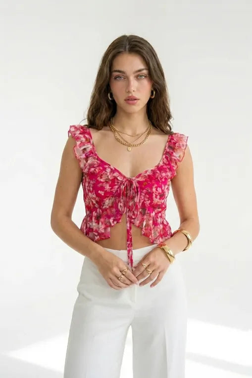Pink Floral Sweetheart Tie-Up Crop Top
