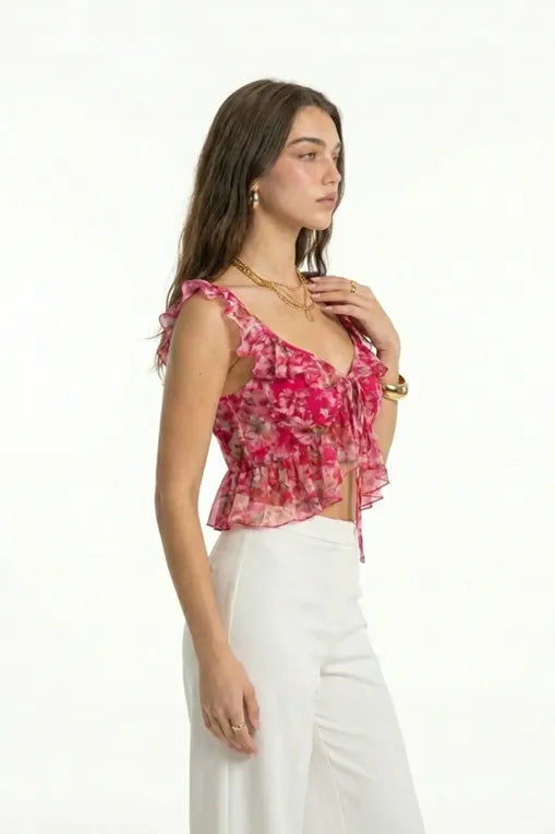 Pink Floral Sweetheart Tie-Up Crop Top
