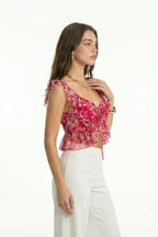 Pink Floral Sweetheart Tie-Up Crop Top