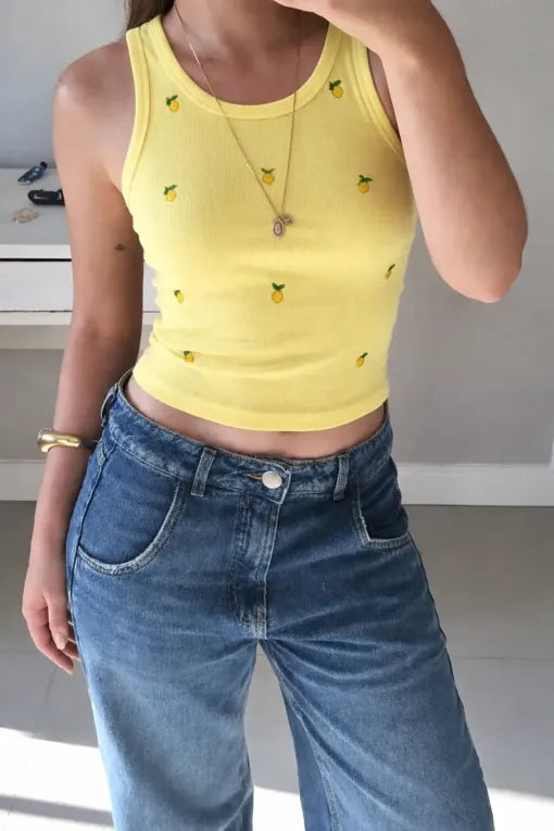 Yellow Fruit Printed Tank Top