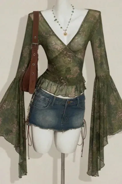 Green Floral V-Neck Ruffled Top