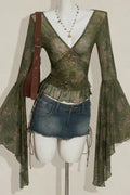 Green Floral V-Neck Ruffled Top