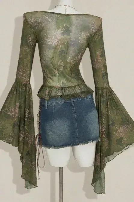 Green Floral V-Neck Ruffled Top