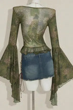 Green Floral V-Neck Ruffled Top