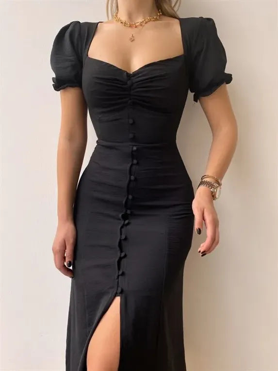 Sweetheart Neck Puff Sleeves Midi Dress