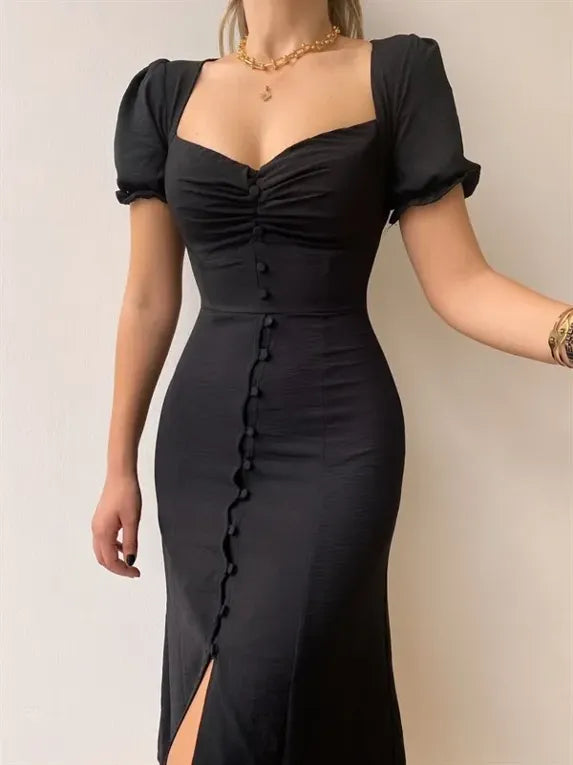 Sweetheart Neck Puff Sleeves Midi Dress