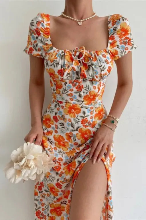 Orange Floral Square Neck Midi Dress