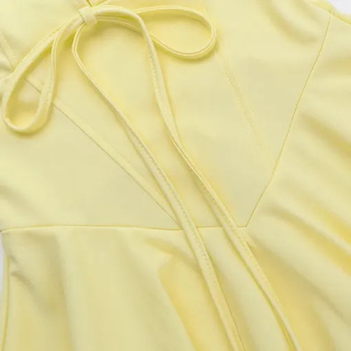 Yellow Solid Pleated Mini Dress