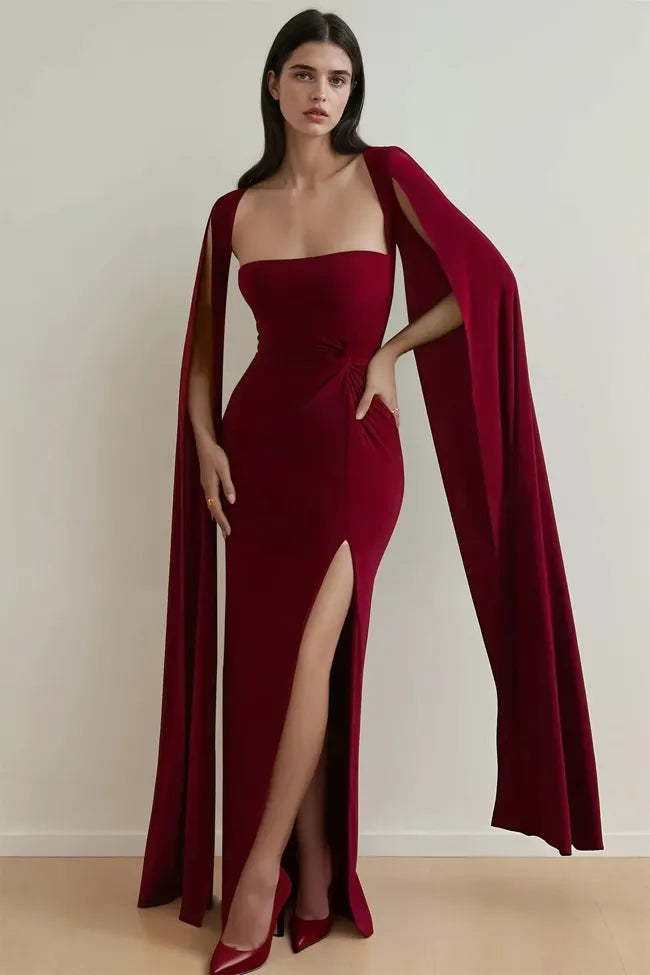 Maroon Extended Cape Sleeve Maxi Dress